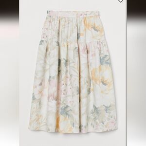 H&M Floral Midi Skirt Tiered Women's 12 Beige Pink Light‎ Academia Cottagecore